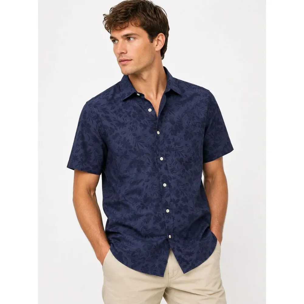 BANANA REPUBLIC Floral Short Sleeve Slim Button Down Blue Large